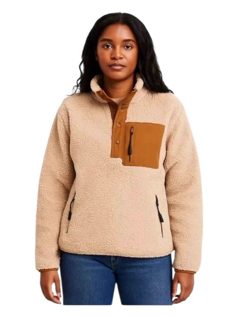 Orvis Womens Tan Brown Quarter Snap Sherpa Pullover Size Large